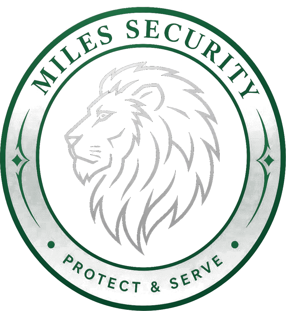 Sello oficial del león de Miles Security — Protect & Serve